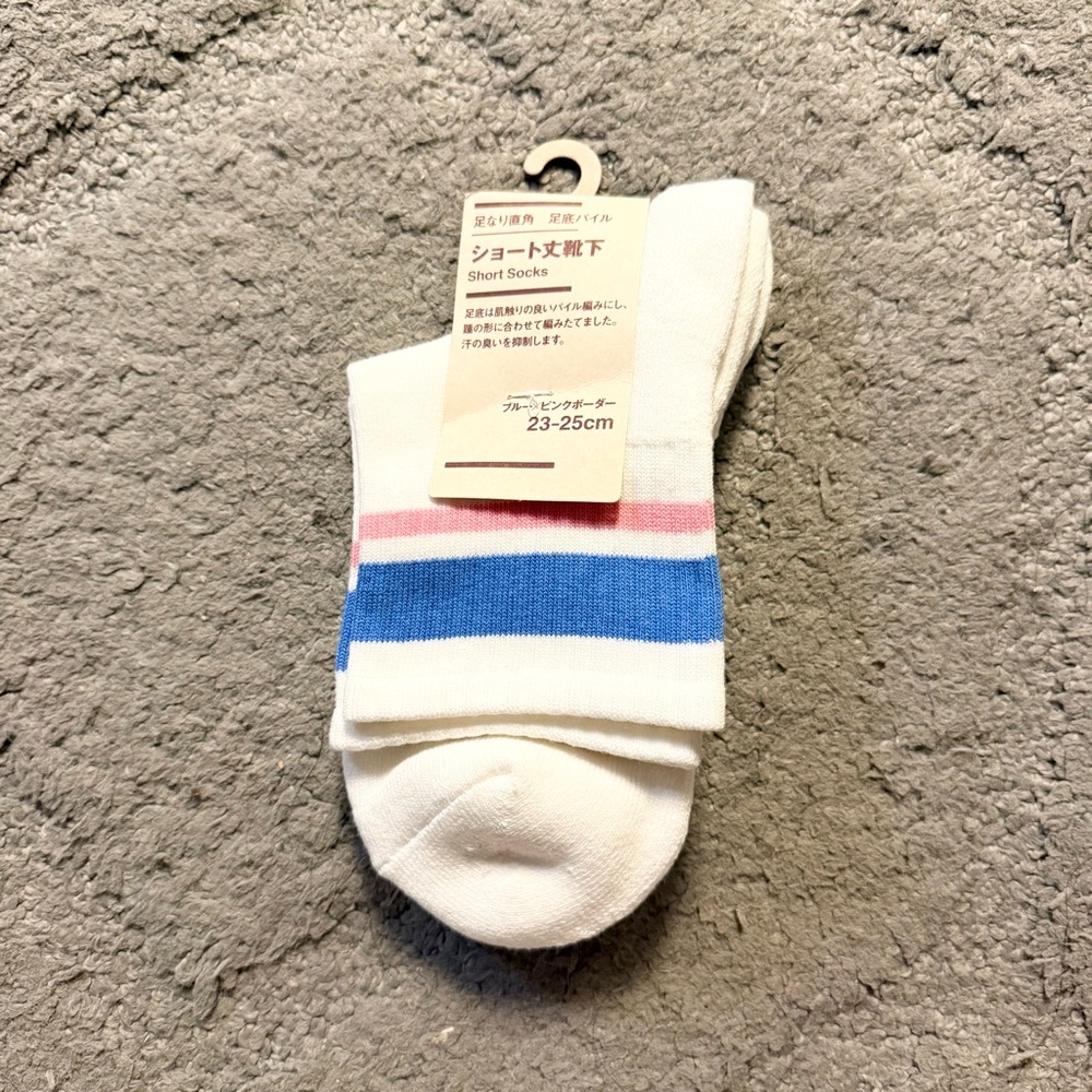 Muji X Lawson White Socks with Blue and Pink Stripes